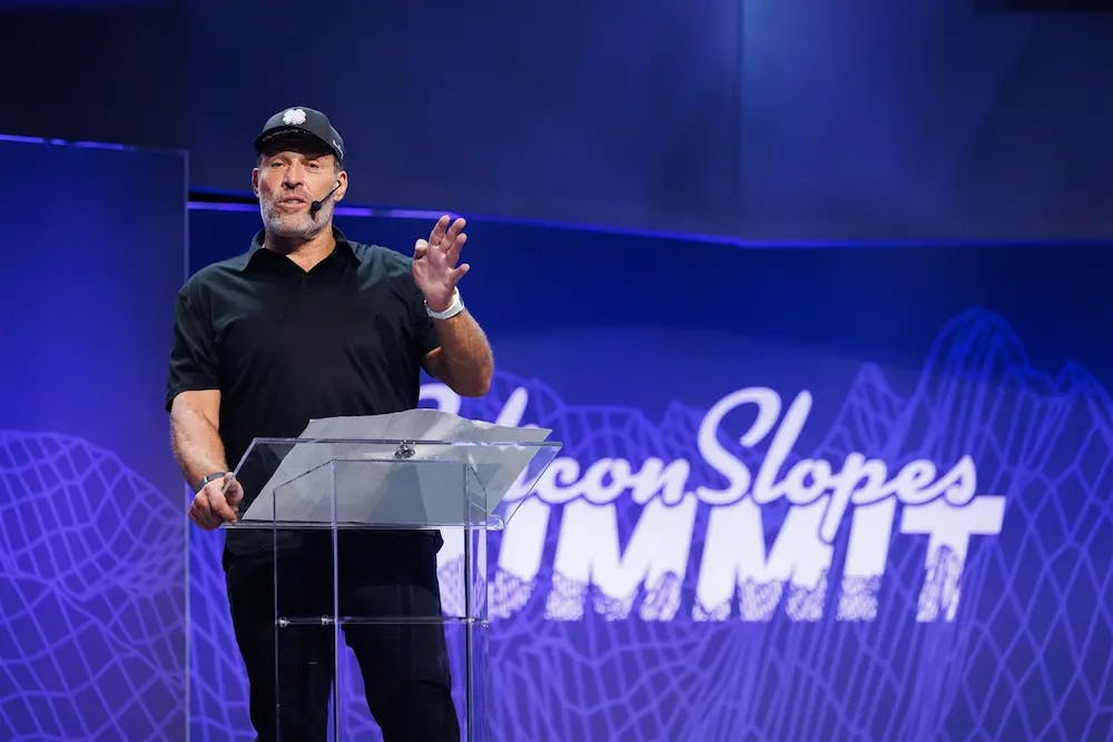 Tony Robbins speaking at the 2023 Silicon Slopes Summit.